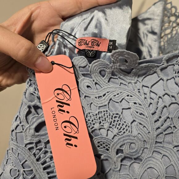 Chi Chi London Whitnie Dress Light Blue Lace Midi Pencil UK 14 US 10 Elegant NEW - Picture 12 of 13